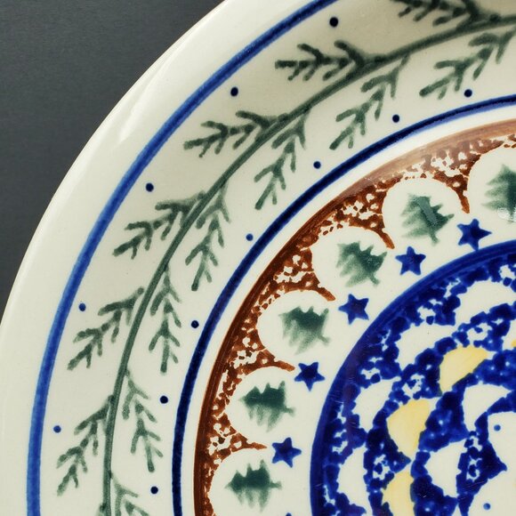 Polish Pottery Pine Boughs Dinner Plate Evergreen Blue Stars Green Trees Plate - Picture 2 of 7